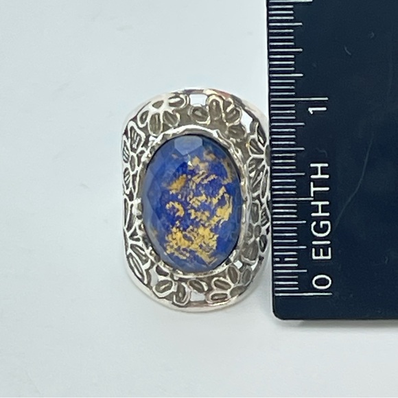 Silver Floral Saddle Style Ring Faceted Crystal Over Blue Stone 925 Sterling - Picture 14 of 17